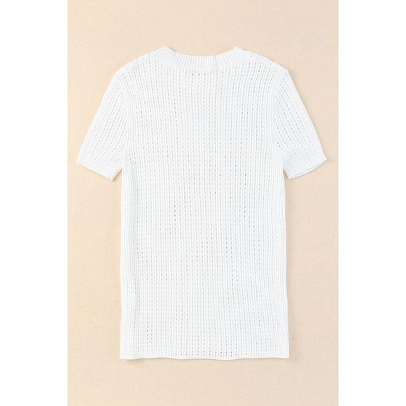 Azura Exchange White Hollow-out Knitted Short Sleeve T Shirt - Picture 6 of 14
